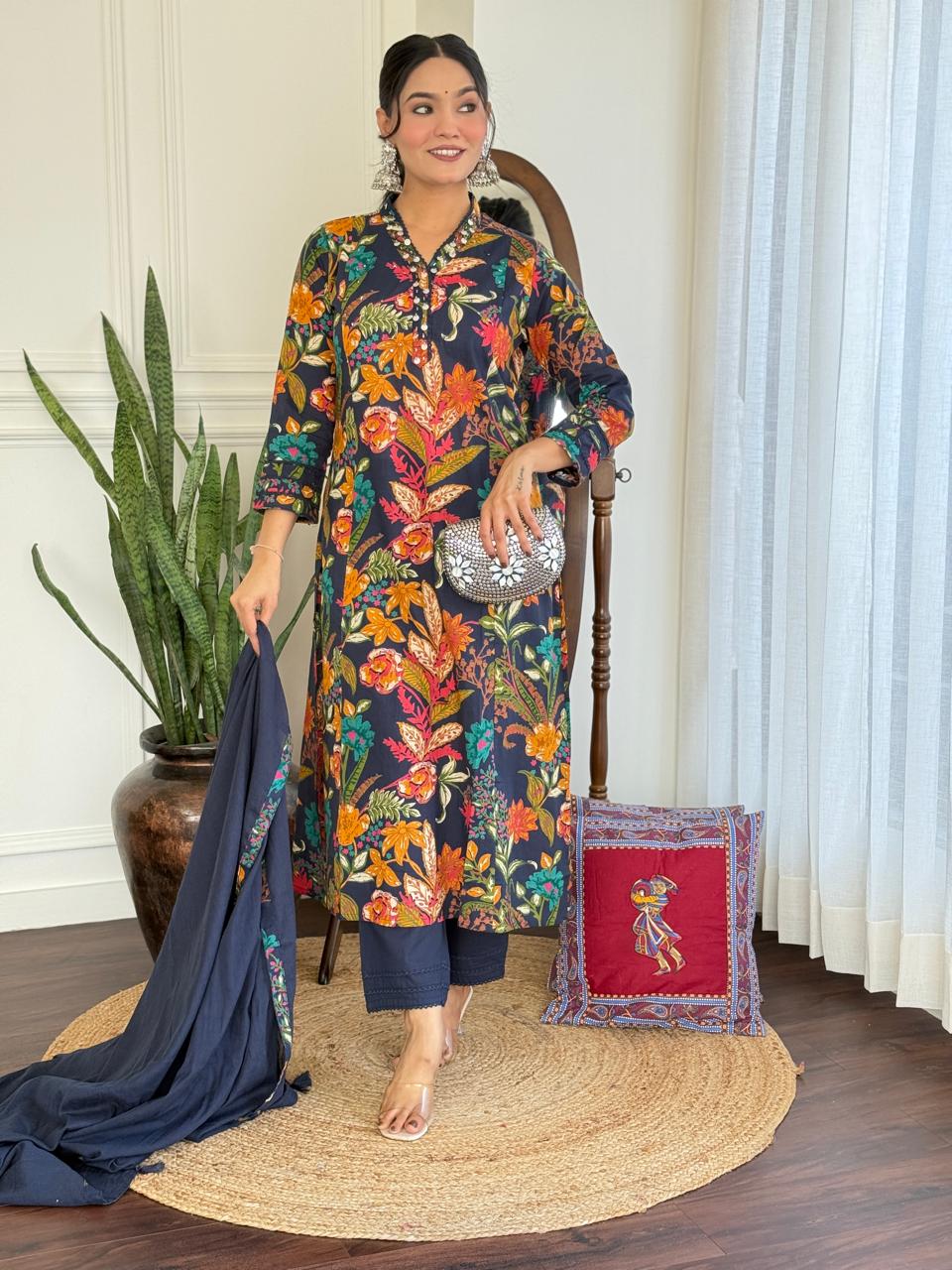 Ramya Floral Printed Cotton Suit-Blue