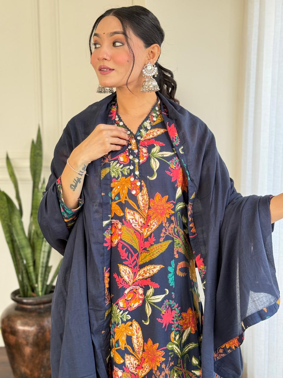 Ramya Floral Printed Cotton Suit-Blue