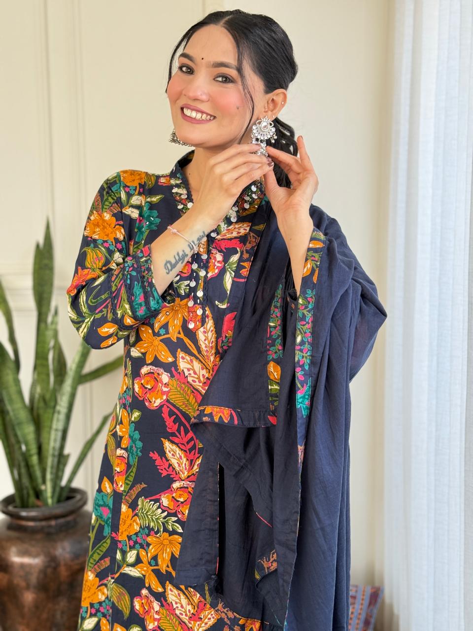 Ramya Floral Printed Cotton Suit-Blue