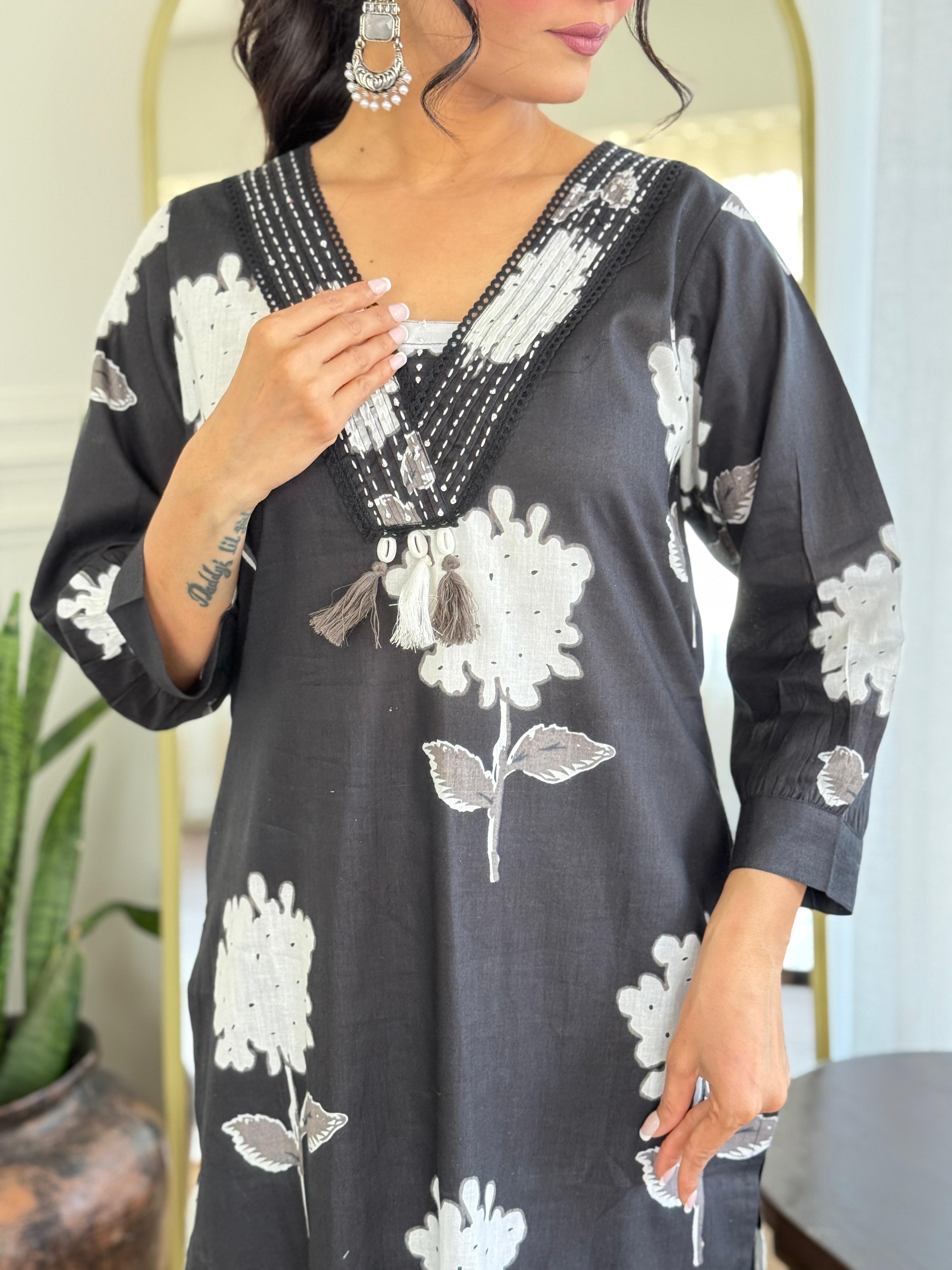 Rose Floral Printed Cotton Suit Set- black