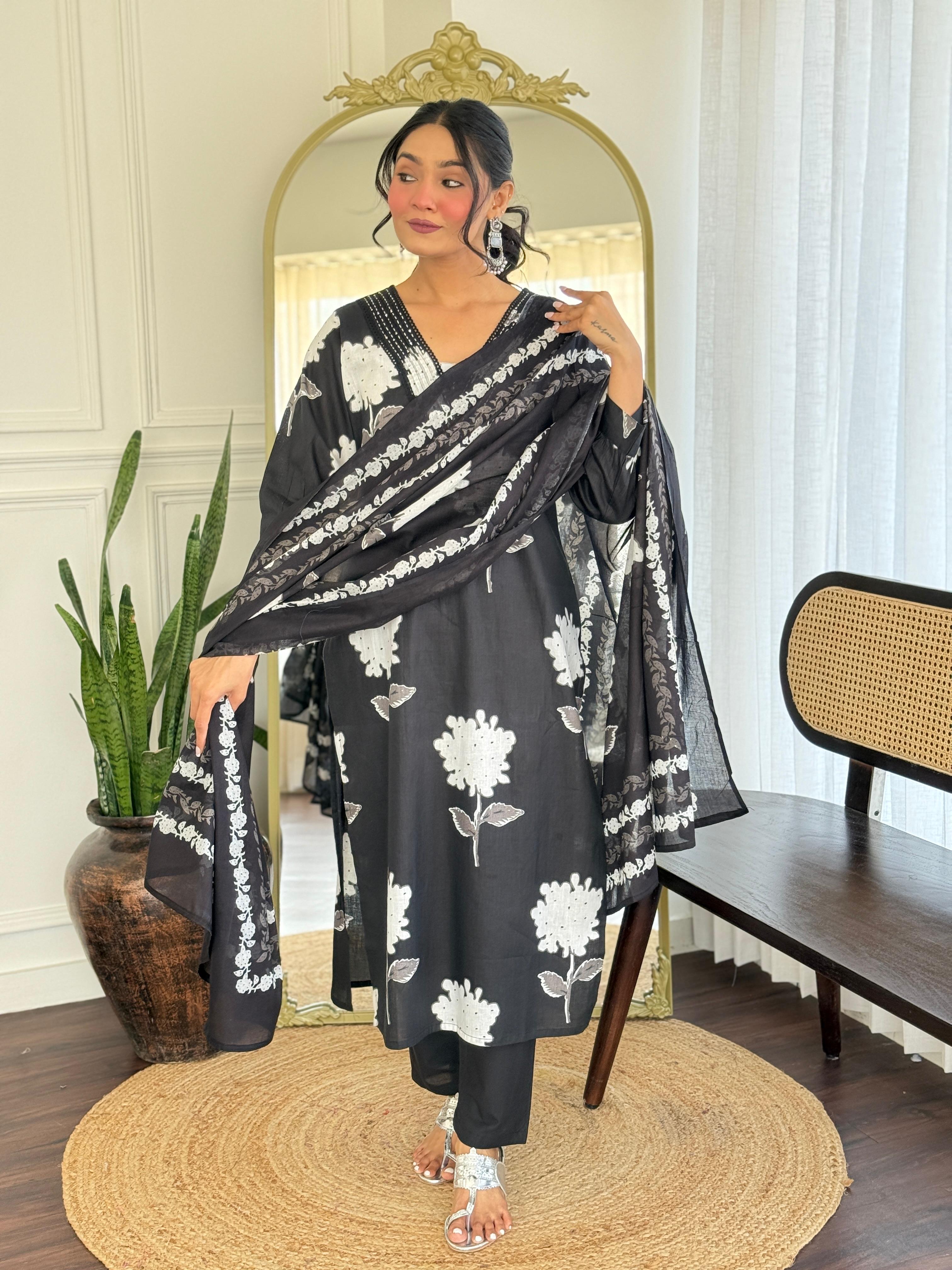 Rose Floral Printed Cotton Suit Set- black