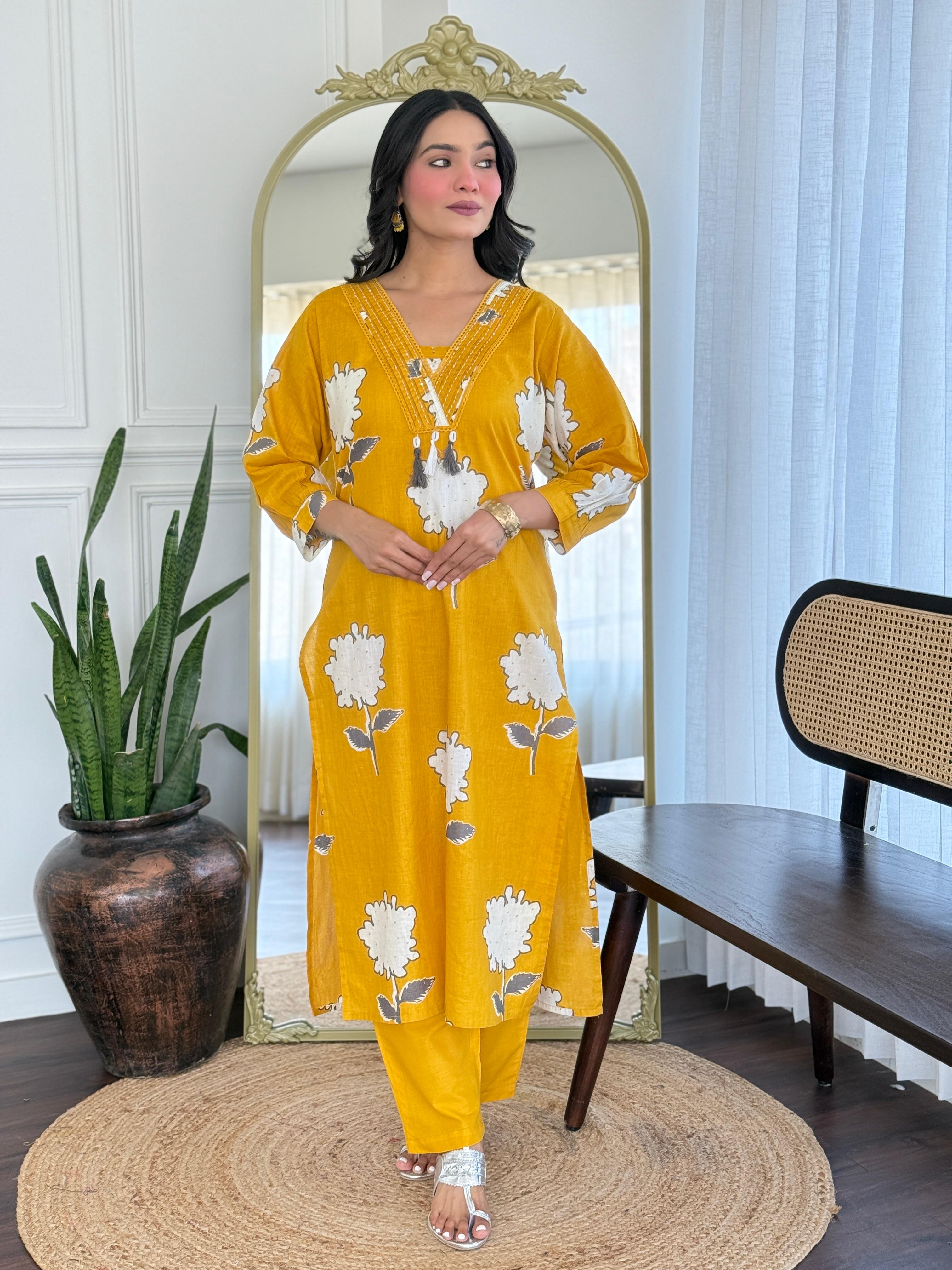 Rose Floral Printed Cotton Suit Set - yellow