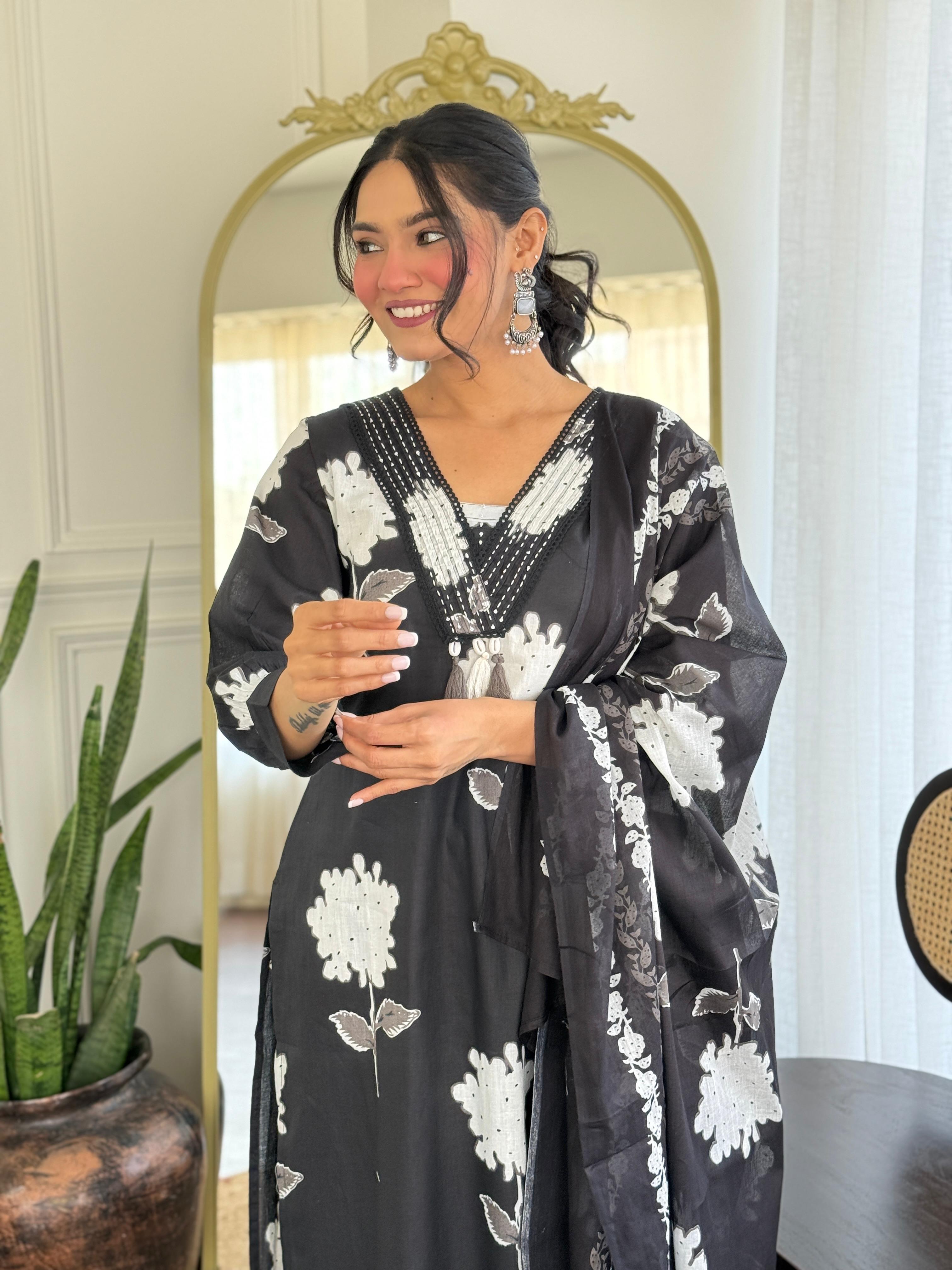 Rose Floral Printed Cotton Suit Set- black