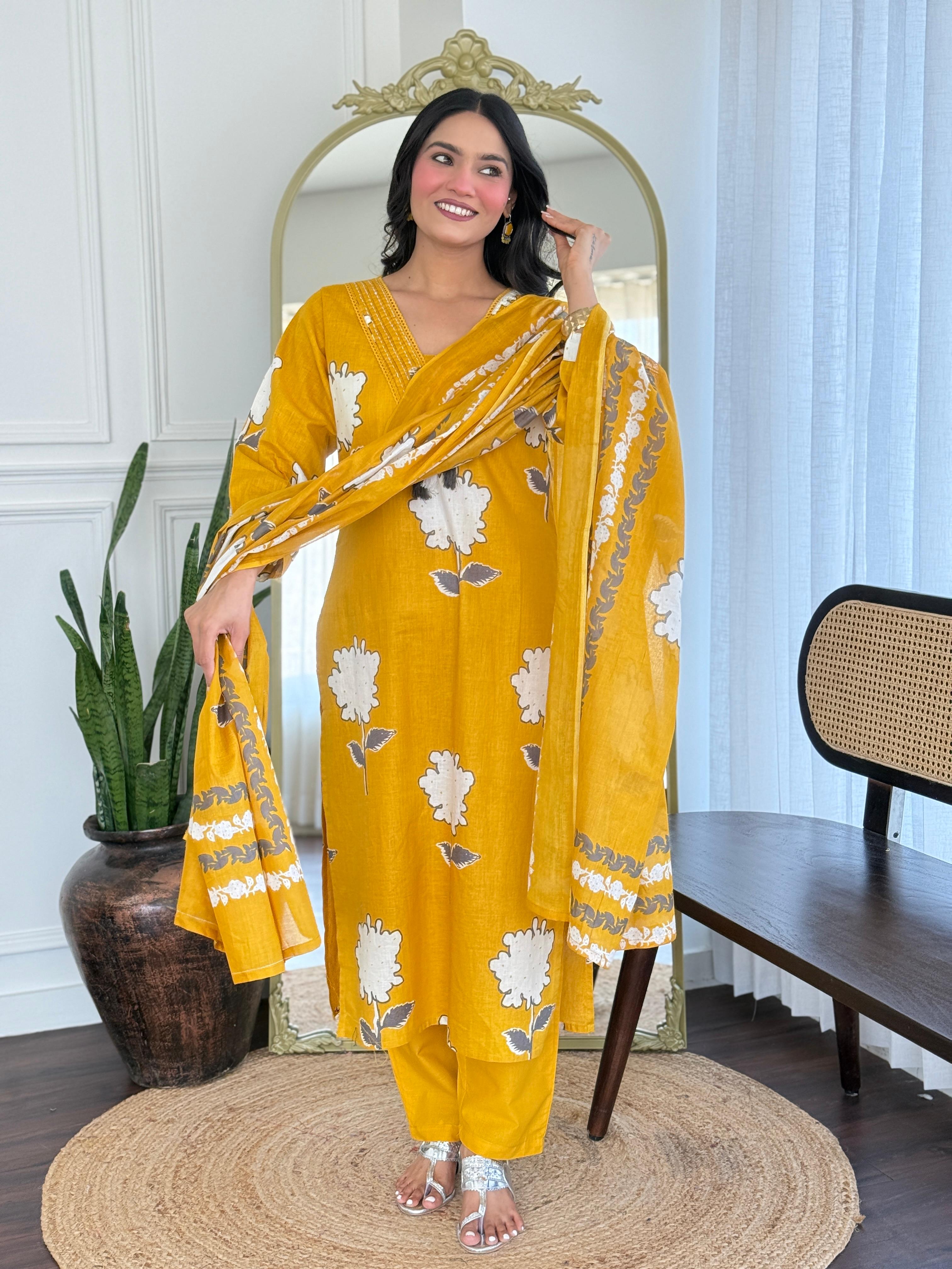 Rose Floral Printed Cotton Suit Set - yellow
