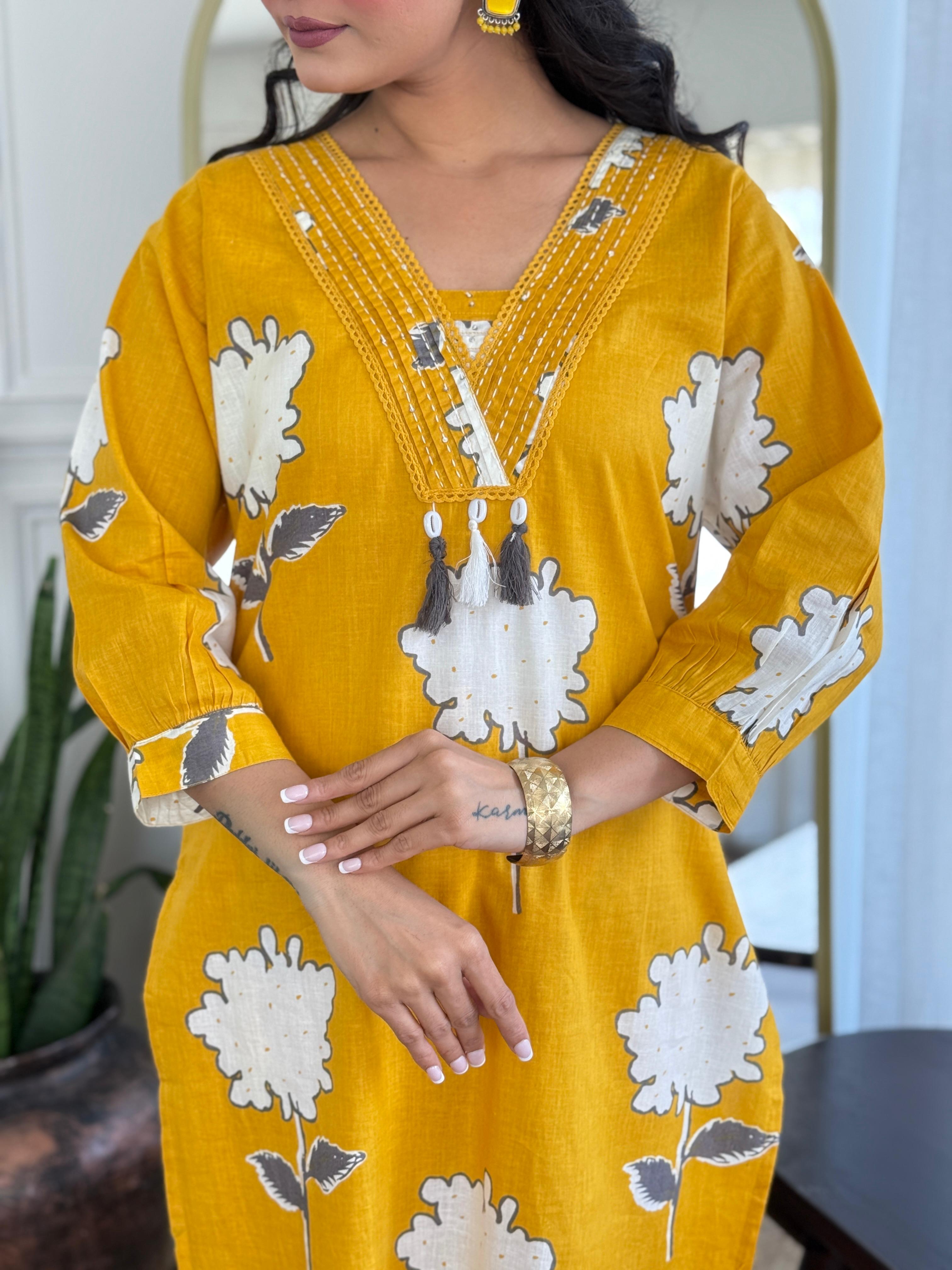 Rose Floral Printed Cotton Suit Set - yellow