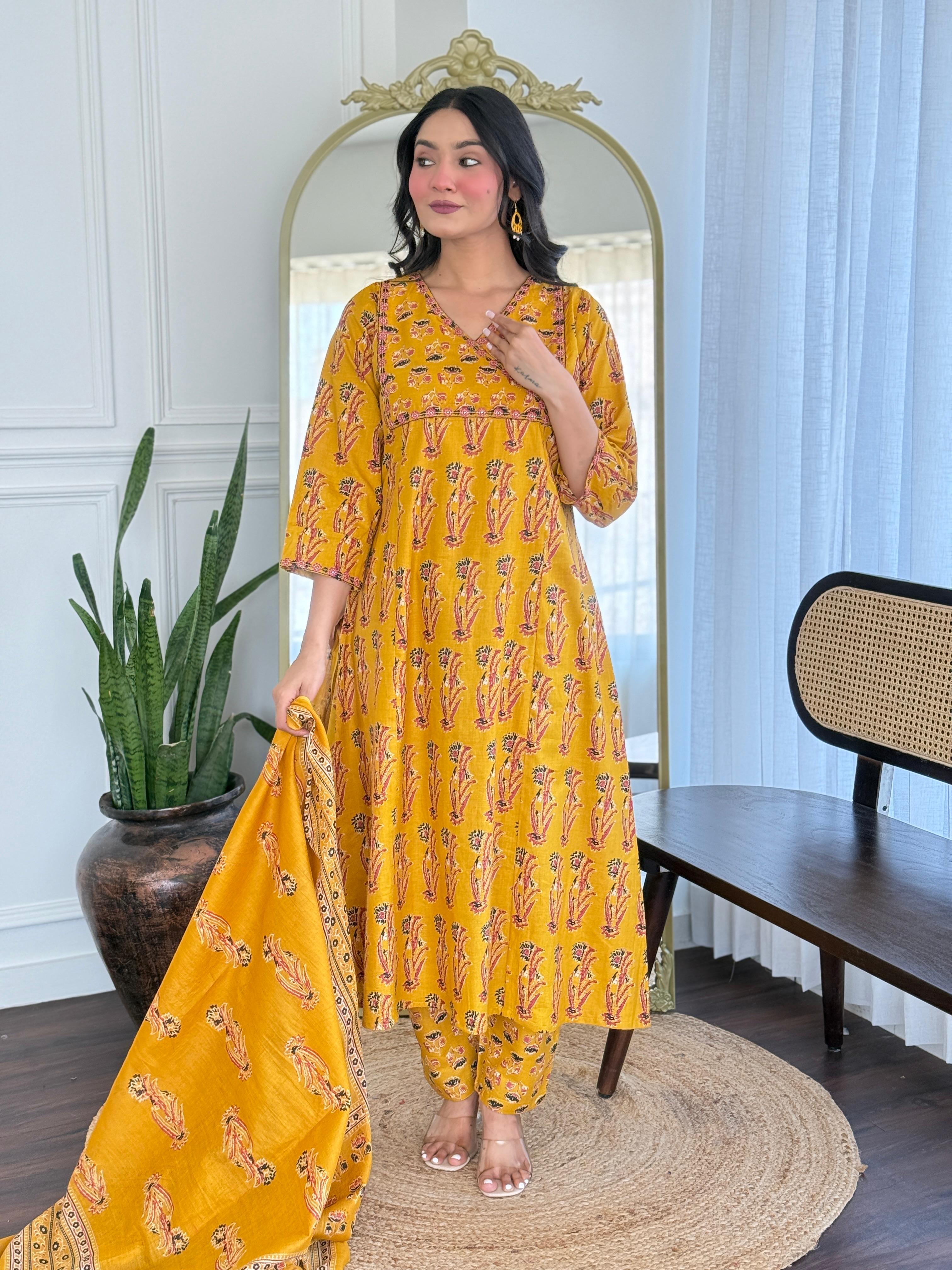Gunjan A-Line Boota Cotton Set- yellow