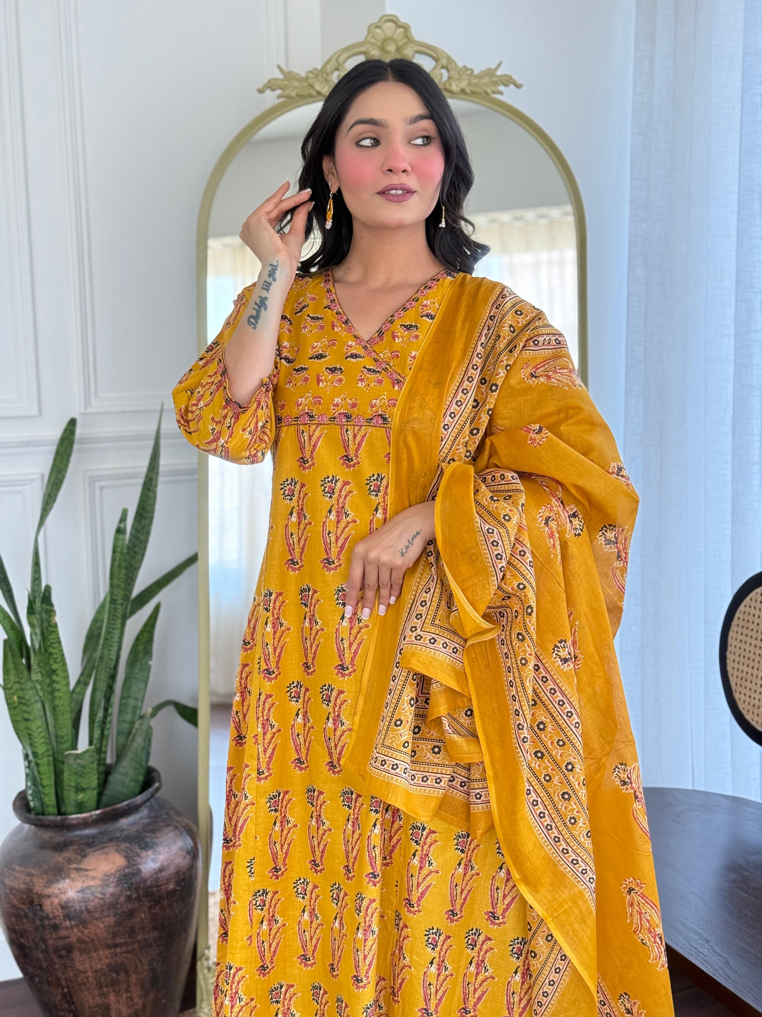 Gunjan A-Line Boota Cotton Set- yellow