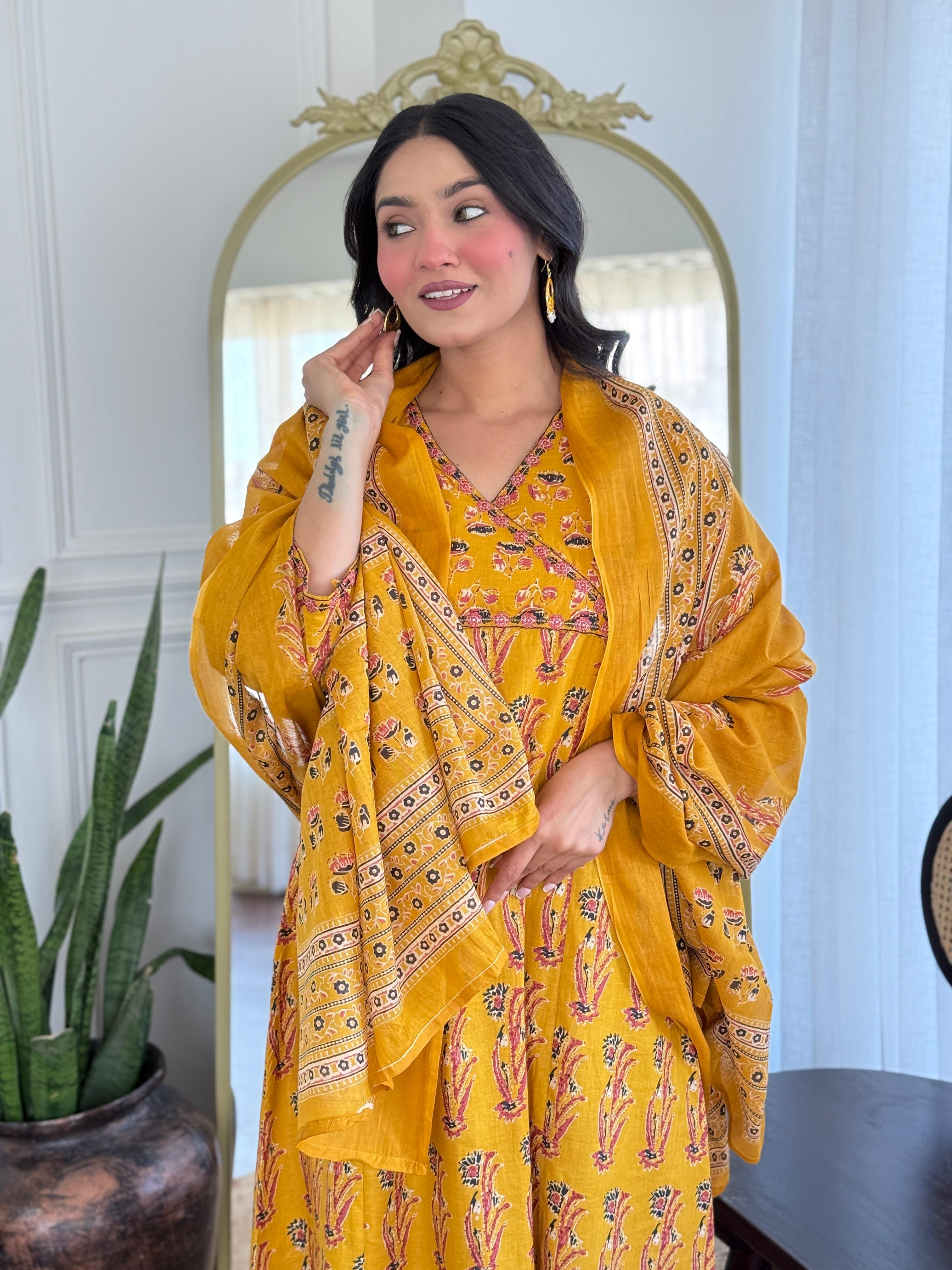 Gunjan A-Line Boota Cotton Set- yellow