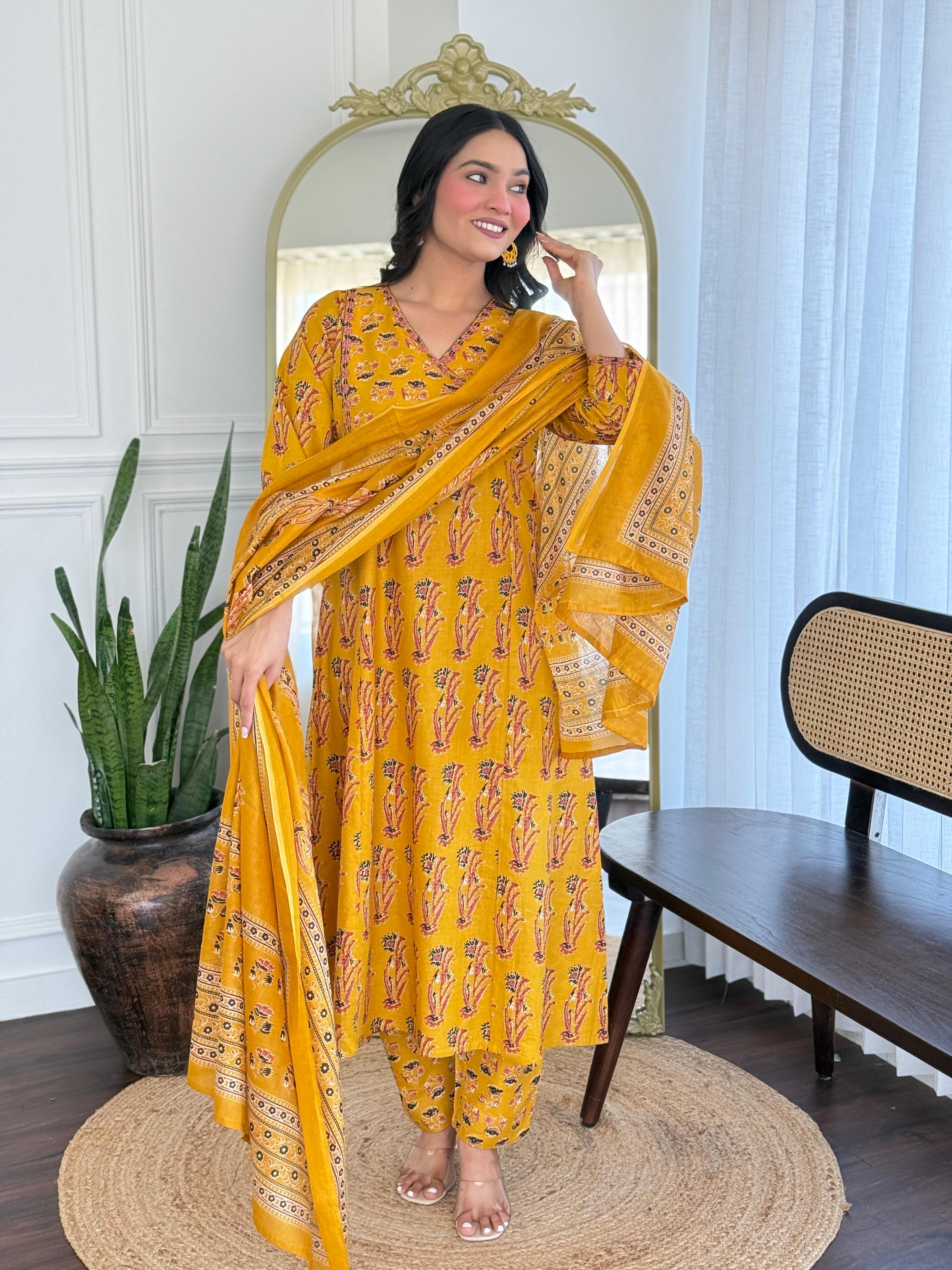 Gunjan A-Line Boota Cotton Set- yellow