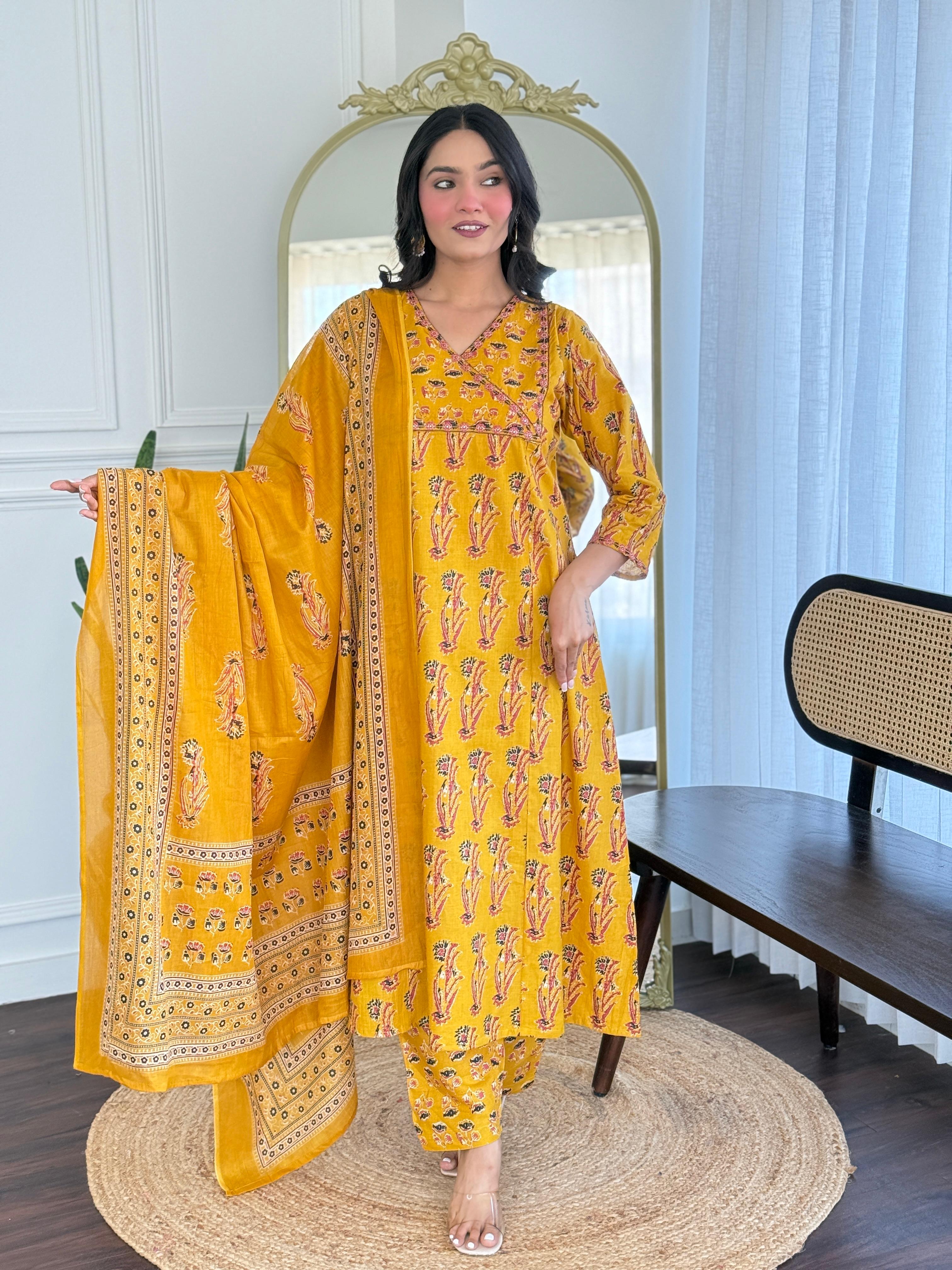 Gunjan A-Line Boota Cotton Set- yellow