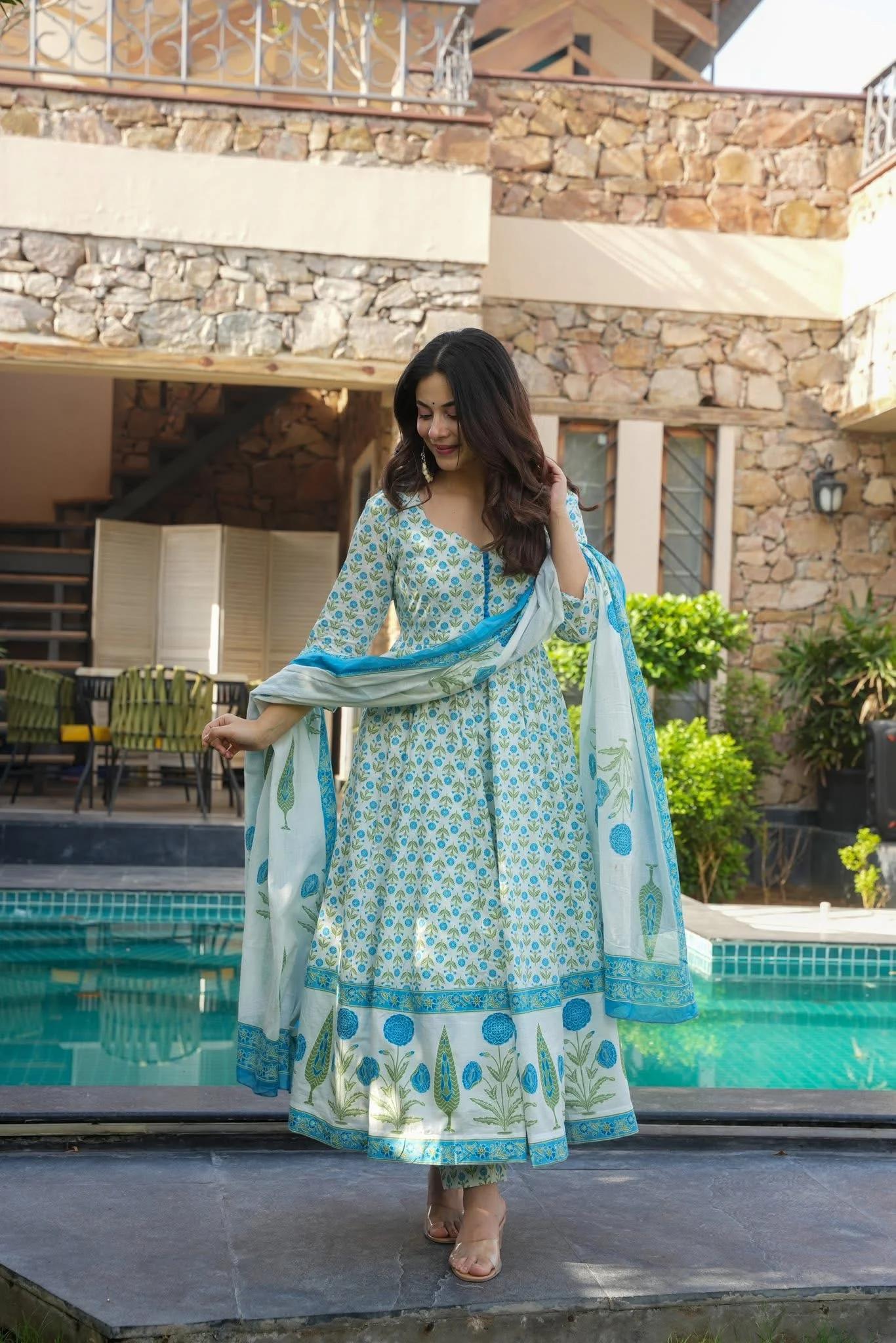Sky Blue Zariya Cotton Embroidered A-line Set