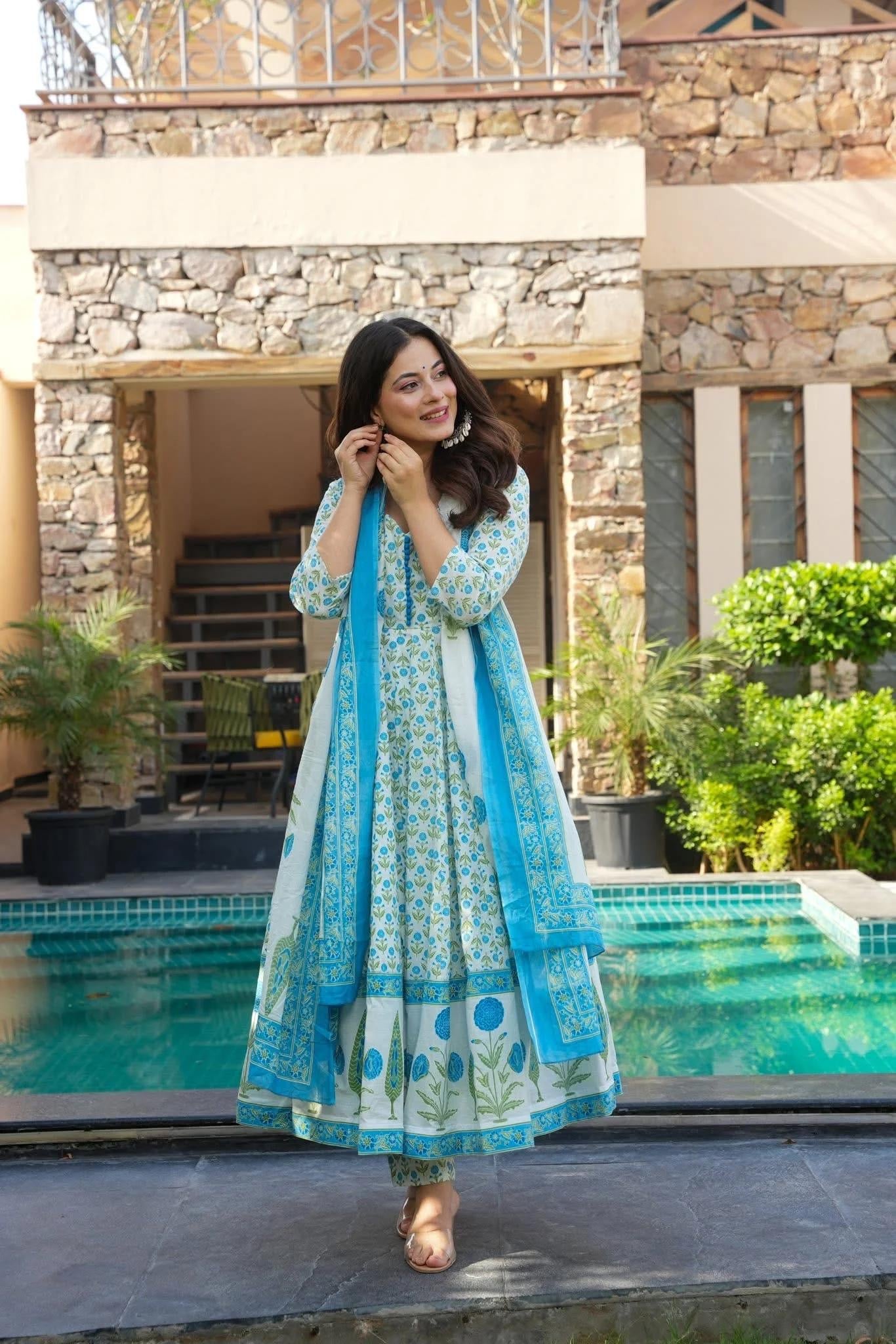 Sky Blue Zariya Cotton Embroidered A-line Set