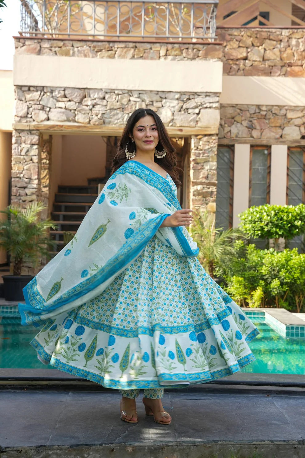 Sky Blue Jaipuri Anarkali Suit Set