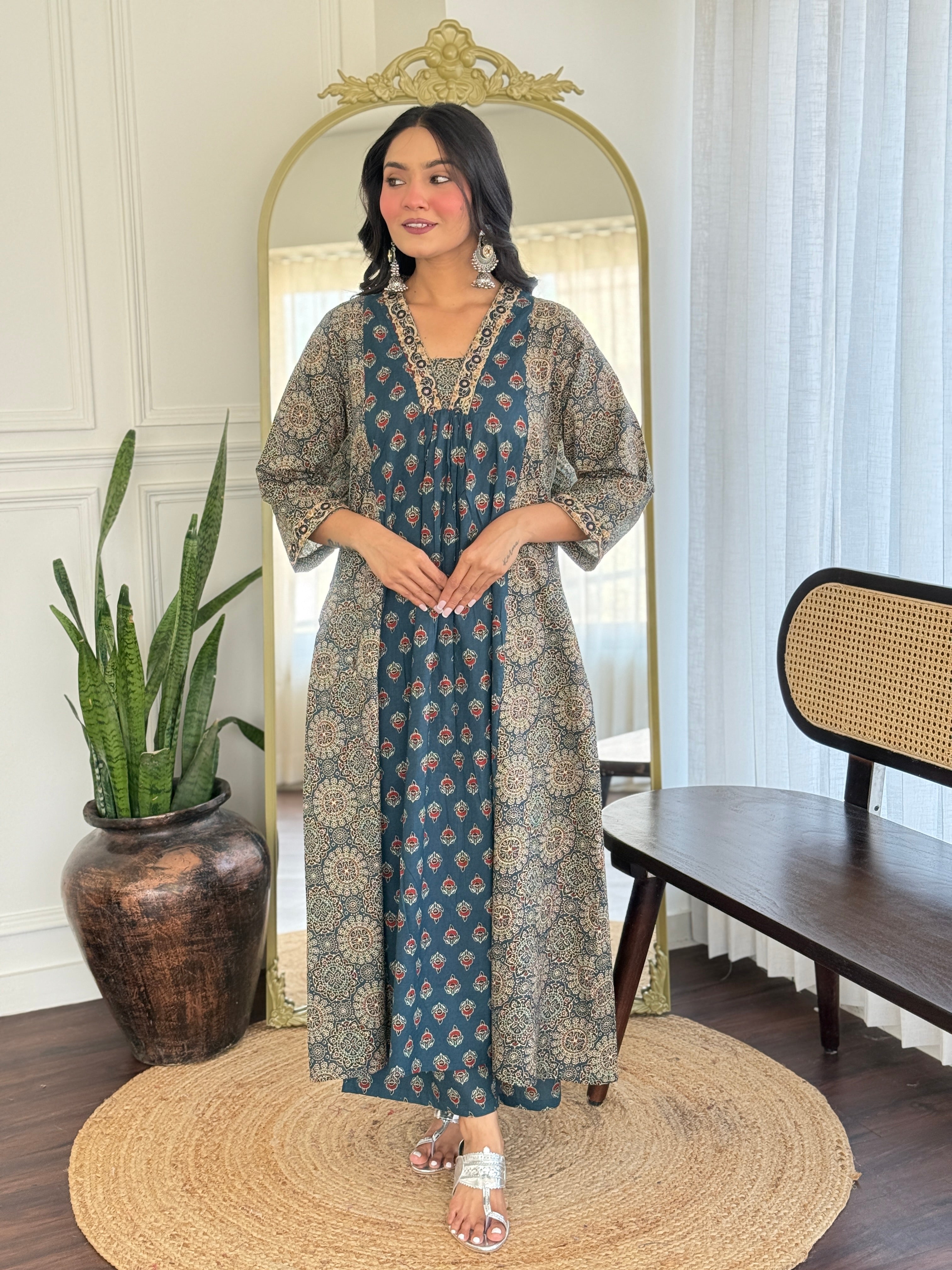 Grey Libha Cotton Embroidered A-line Divider Set