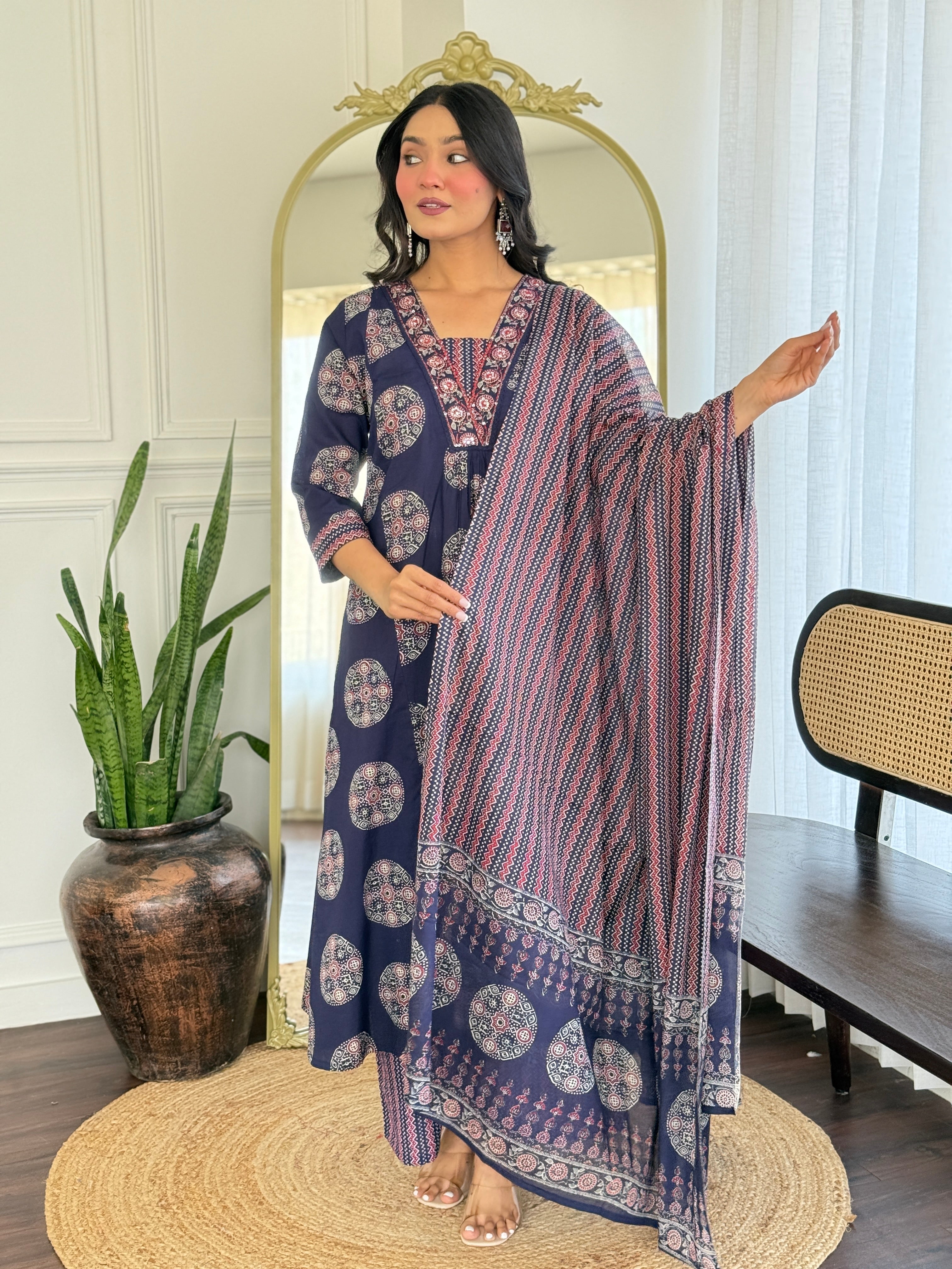 Azah Cotton Floral A-Line Suit Set